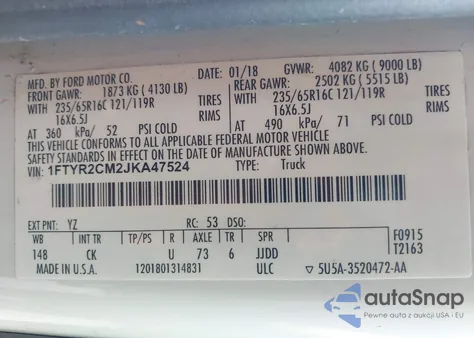 2018 Ford Transit-250 из США, поврежденный, VIN 1FTYR2CM2JKA47524